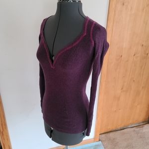Purple Thermal Shirt Long Sleeve V-Neck Top